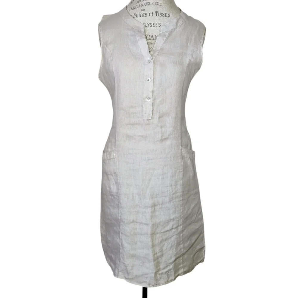 Blu Orchid Italy Linen Dress Beige‎ Womens Small Pockets Minimalist Coastal